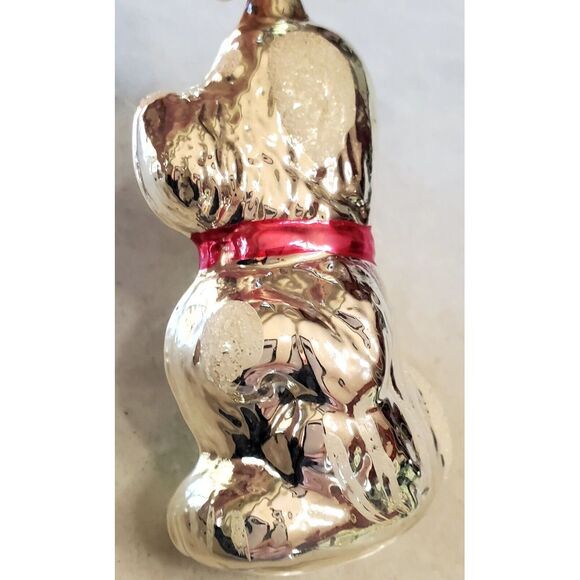 VTG Ornament German or Russian Silver Glass Dog w/ Pink Bow Snow Tufts Textured - Picture 9 of 12